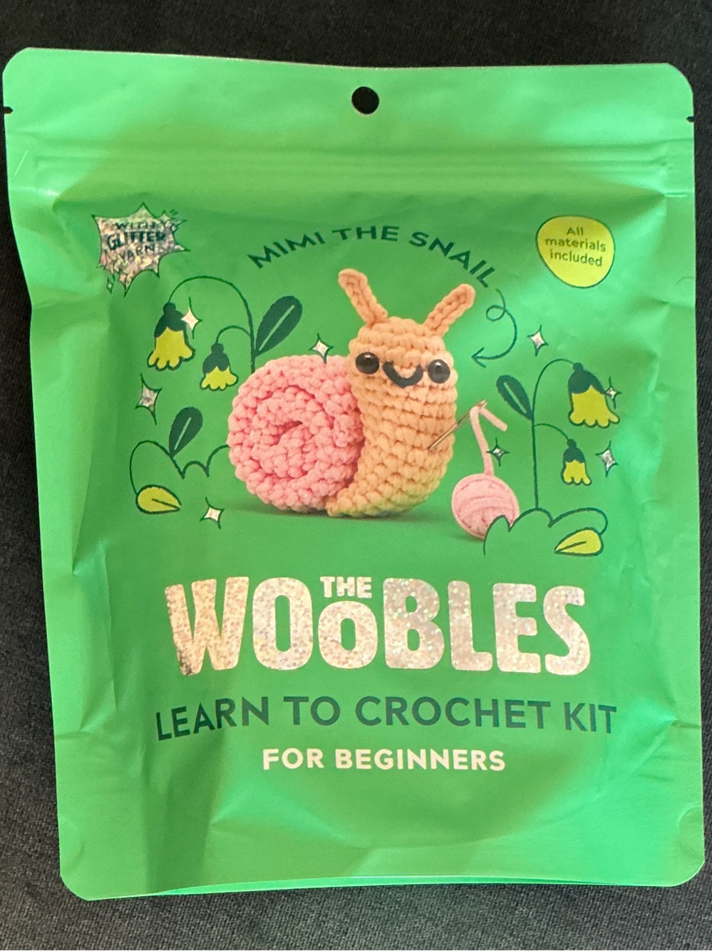 The Woobles Learn to Crochet Kit - Mimi the Snail with Glitter Yarn
